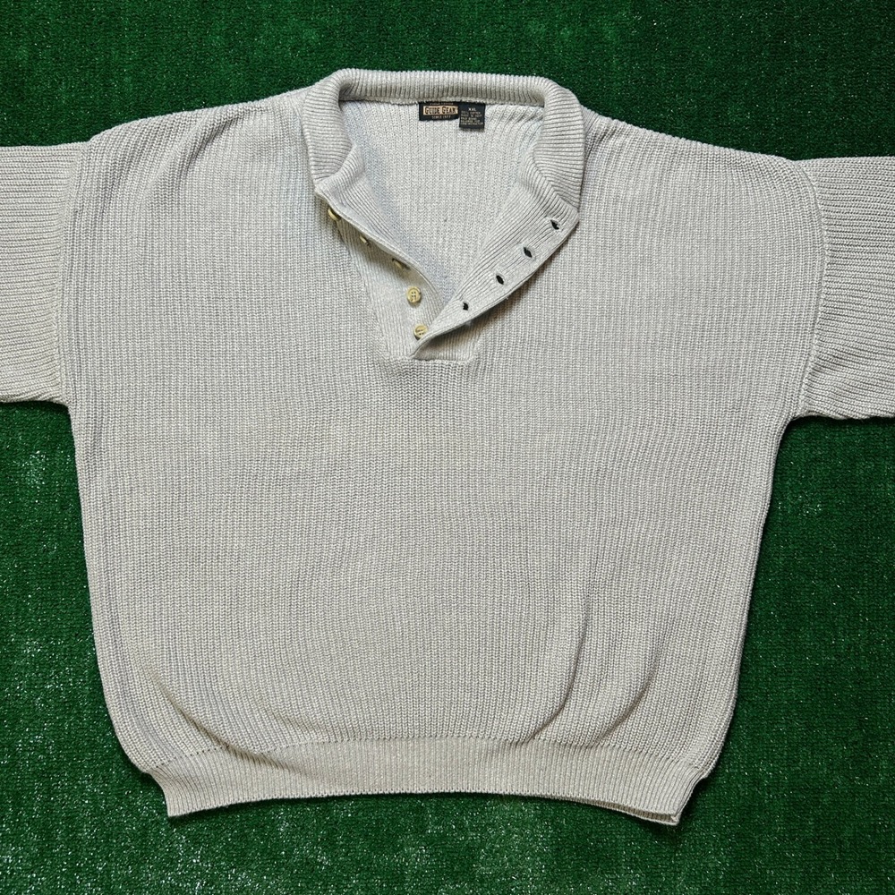 Vintage Guide Gear Henley Sweater Mens XXL Gray 100% Cotton Ribbed Knit Pullover